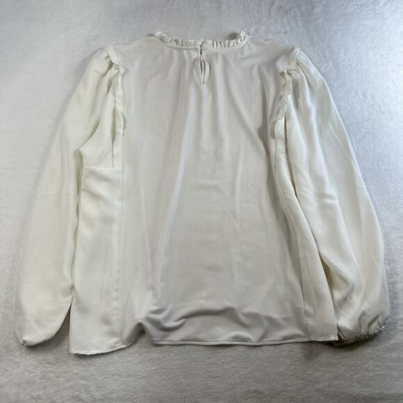 Ann Taylor XL Blouse Ruffle Neck Puff Sleeve Keyhole Back White Career Business - Picture 10 of 12